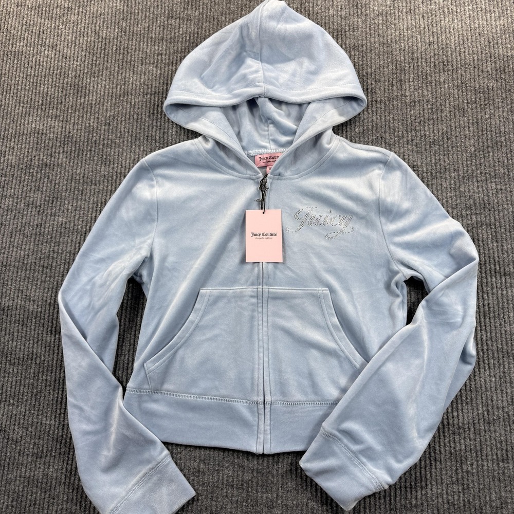 Juicy Couture Hoodie Womens Medium Blue Frosted Velour Zip Y2K Rhinestone Logo